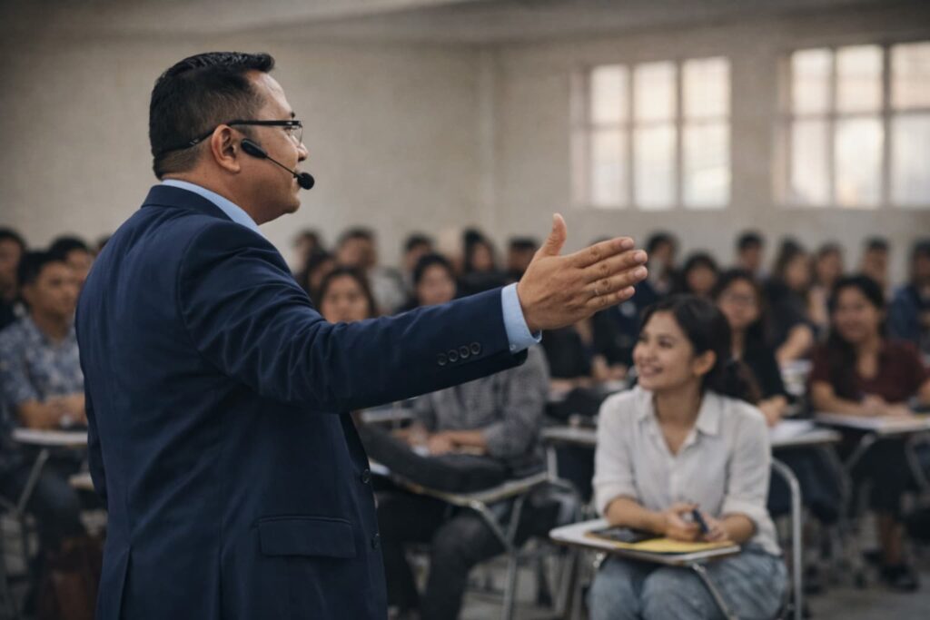 Dr. Padriadi Wiharjokusumo teaching university students in Medan, Sumatra, Indonesia, delivering a lecture in a classroom setting with engaged audience