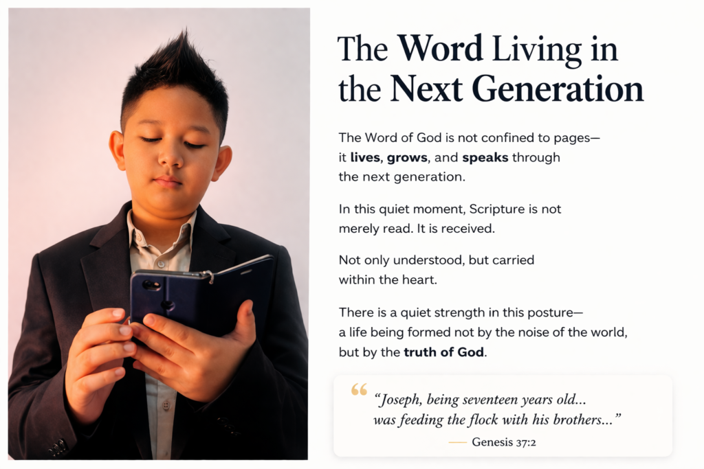 Gabriel reading the Word of God with focus and quiet reflection, representing the next generation growing in faith