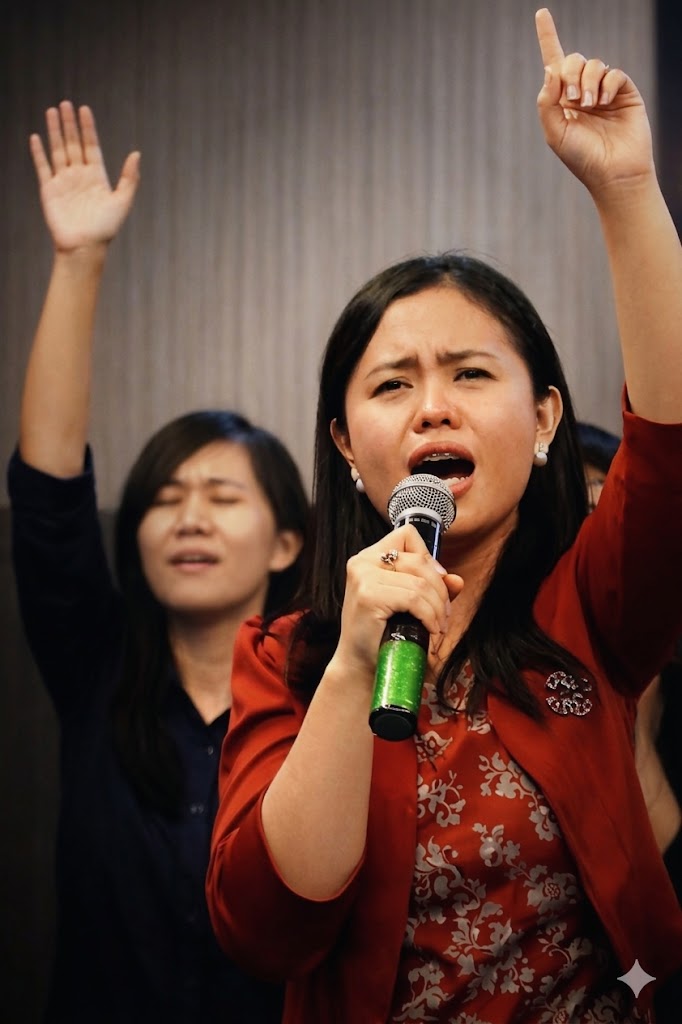 Maduma Sari leading worship with raised hand and microphone during prayer session in church Indonesia