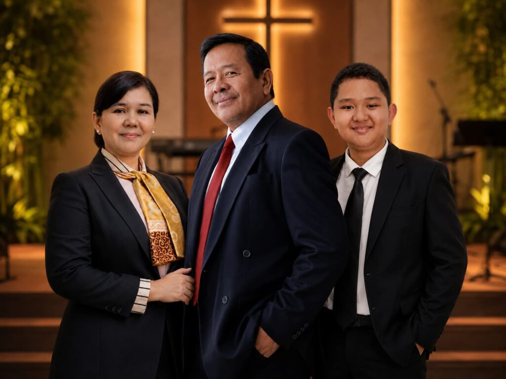 Padriadi Wiharjokusumo, Pastor Novita, and Evangelist Gabriel in a family ministry portrait.